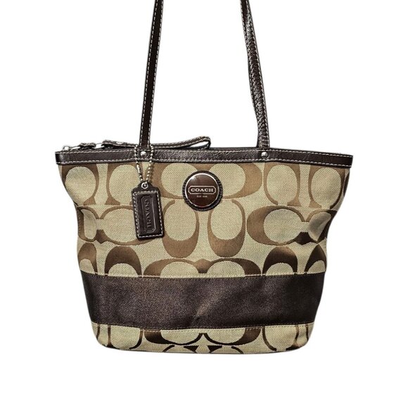 Coach Signature Leather & Canvas Brown Tan Tote Shoulder Bag F1020-F15112 COA - Picture 1 of 12